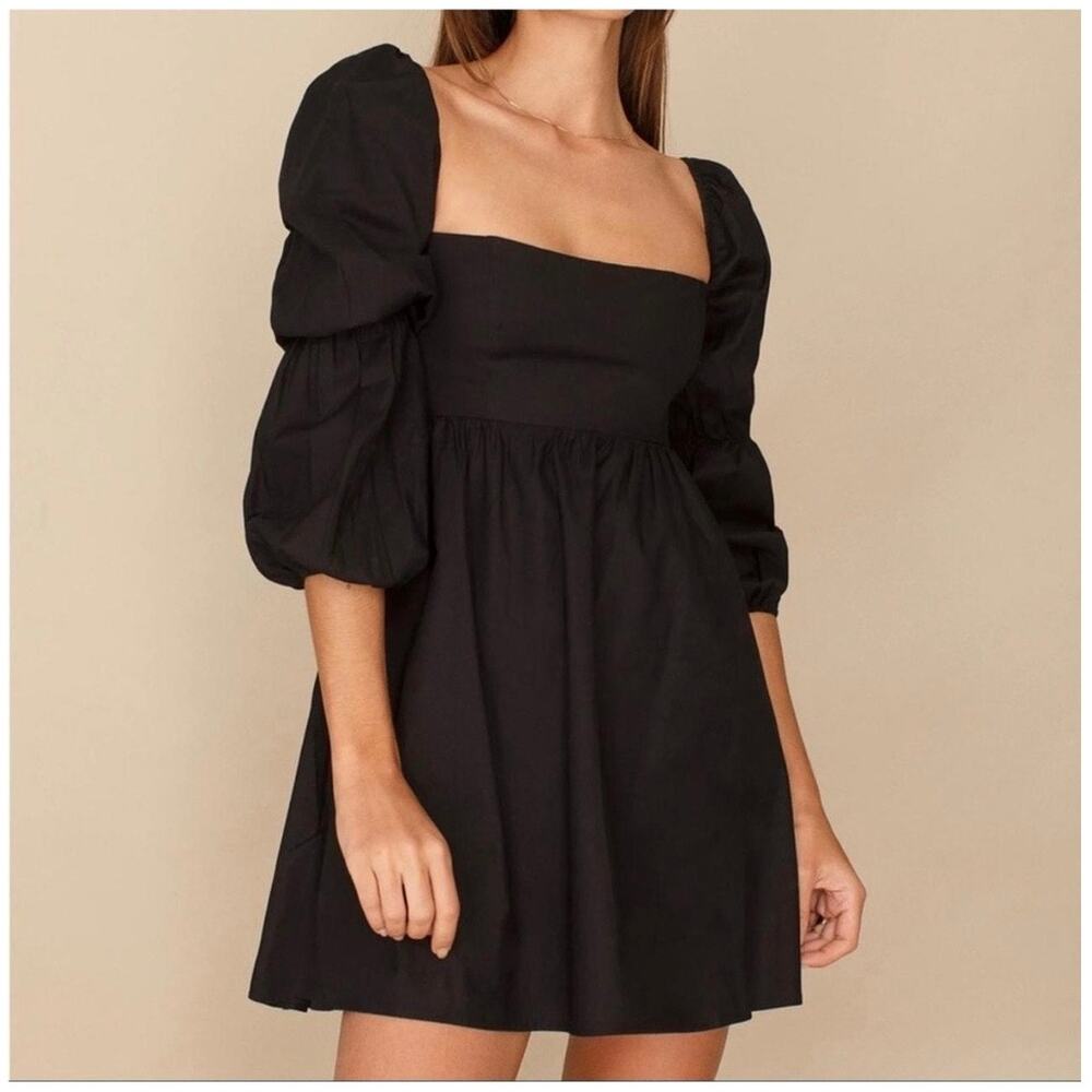Reformation Michaela Black Organic Cotton Poplin Puff Sleeve Mini Dress XS